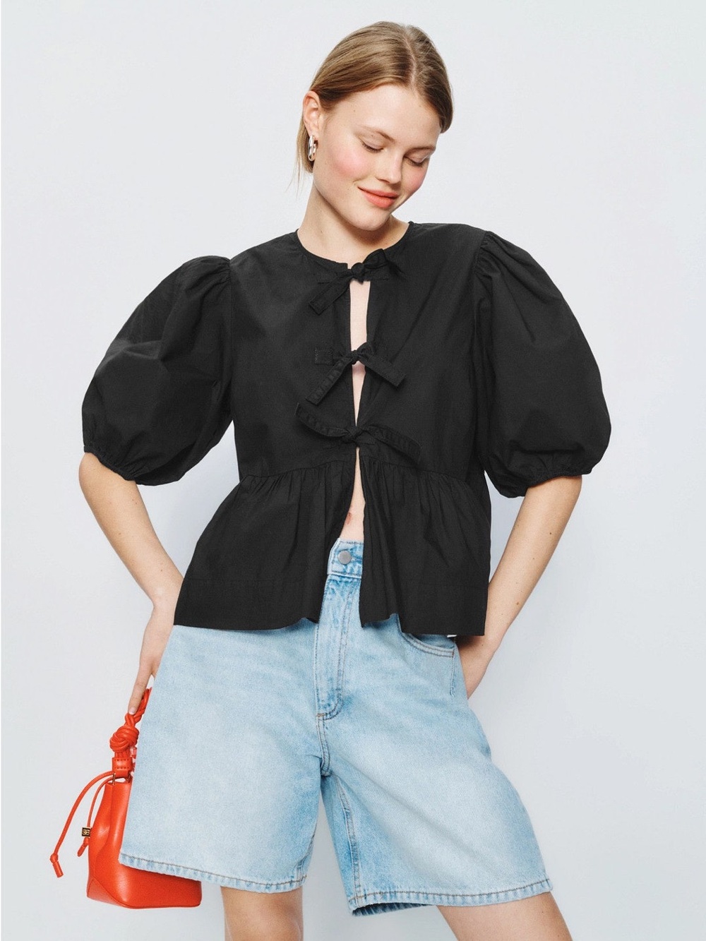 Sim & Sam Cotton Poplin Peplum Tie Front Blouse Black Sz Medium